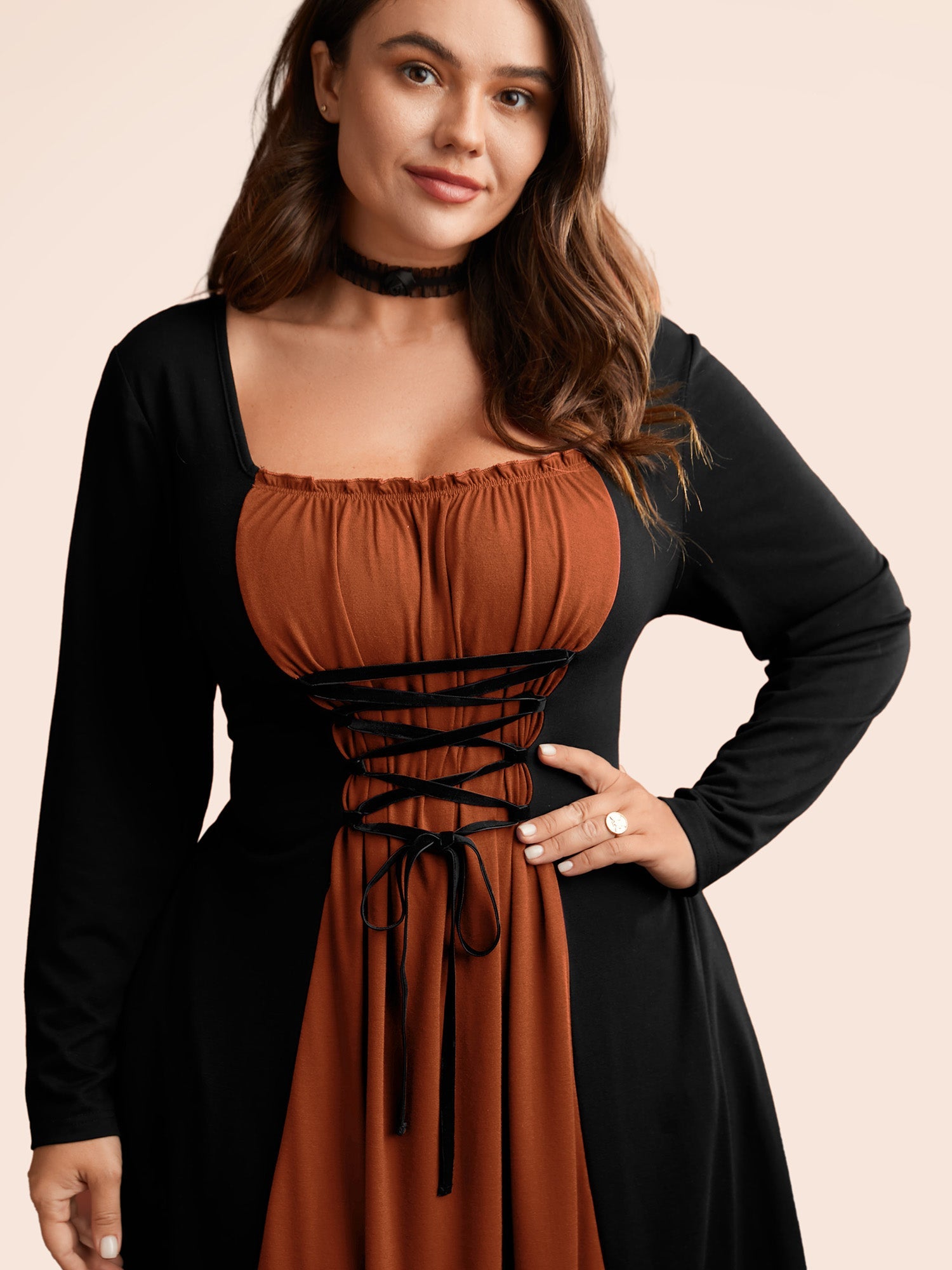 Stretchy Knit Adjustable Tie Frill Trim Midi Dress
